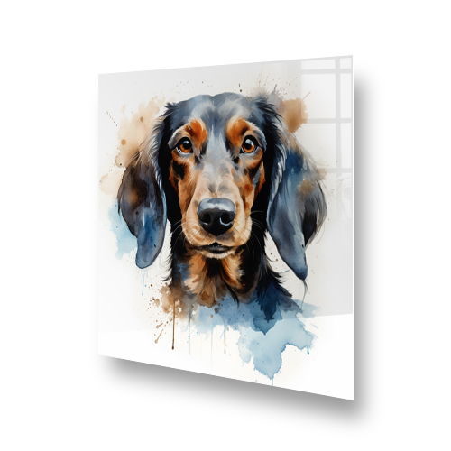 Artistic Dachshund kitchen splashback with watercolour splashes in blue and brown Side View