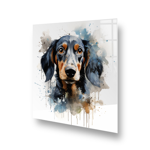 Watercolour style printed Dachshund splashback with paint splatters in kitchen setting Side View