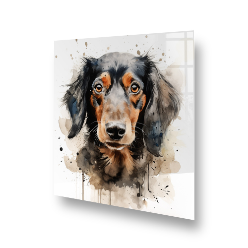 Artistic Dachshund dog printed kitchen splashback with abstract watercolor backdrop in sepia and grey tones Side View