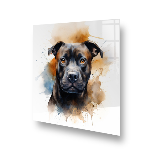 Staffordshire Bull Terrier illustrated on a kitchen splashback with watercolour splashes Side View