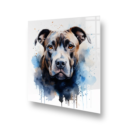 Printed Staffordshire Bull Terrier kitchen splashback with watercolour design in blues and browns Side View