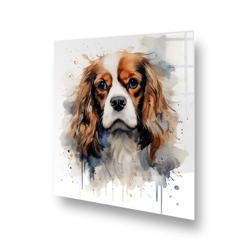A Cavalier King Charles Spaniel printed kitchen splashback in watercolour style against a white backdrop Side View