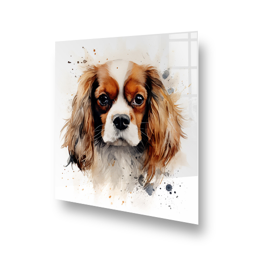 Illustrated Cavalier King Charles Spaniel on kitchen splashback with abstract watercolour accents Side View