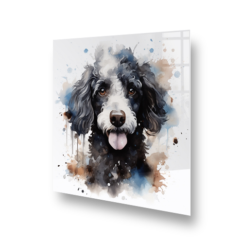Watercolour poodle printed splashback art above a stove Side View