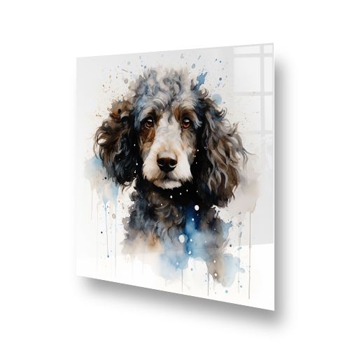 Artistic printed poodle splashback featuring a watercolour beige, blue, and black poodle in a kitchen setting Side View