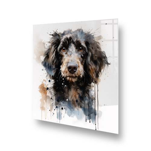 Artistic watercolour printed Poodle on a kitchen splashback with brown, grey, and black tones. Side View