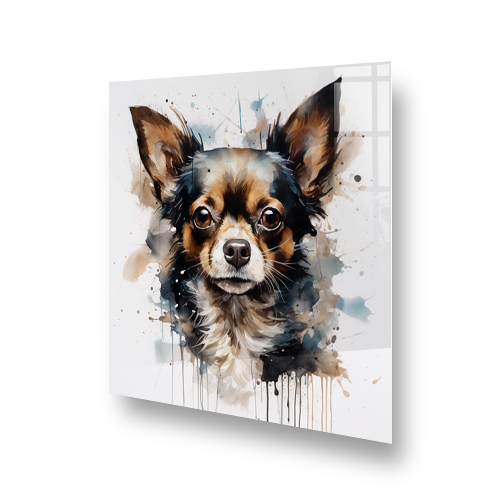 Colourful printed kitchen splashback depicting Missy the Chihuahua in watercolour style with a blue and brown palette Side View