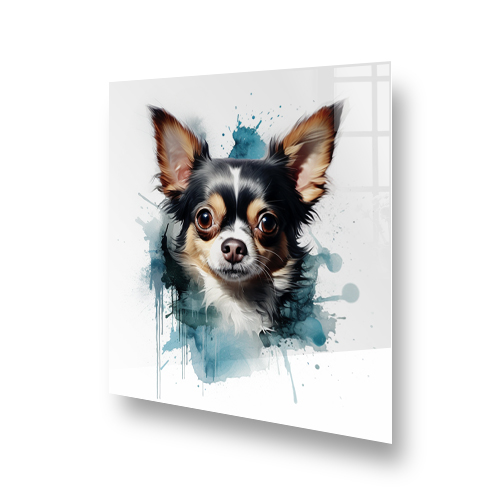 Felix the Cheeky Chihuahua printed kitchen splashback featuring a colourful and cute Chihuahua portrait with blue splashes Side View
