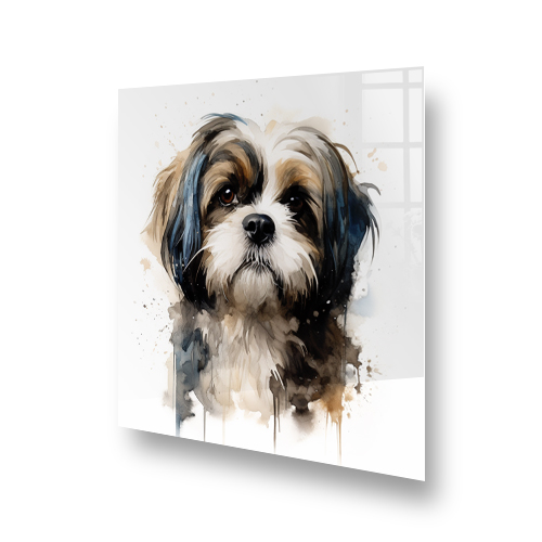 Watercolour-style printed splashback of a Shih Tzu in beige, white, and brown tones Side View