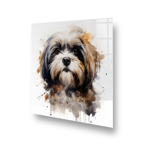 Watercolour art of a Shih Tzu on a kitchen splashback, showcasing beige, brown, and hints of orange Side View