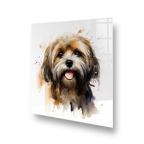 Artistic printed Lhasa Apso dog splashback in warm browns and cool blues Side View