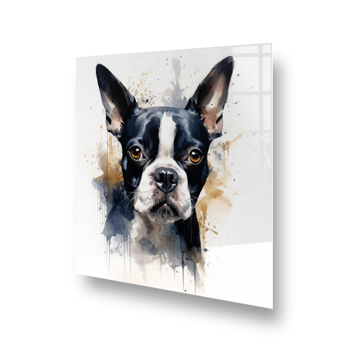Artistic Boston Terrier printed kitchen splashback in black, white, and amber over a stove Side View
