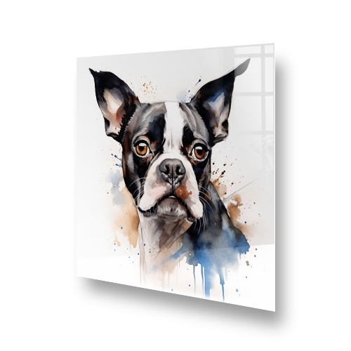 A Boston Terrier kitchen splashback showcasing a detailed and colourful watercolour painting of the dogs face above a cooker. Side View