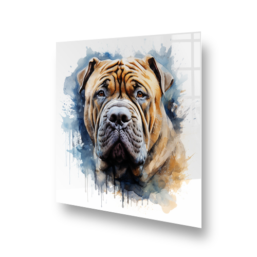 A printed kitchen splashback with an artistic rendition of a Chinese Shar-Pei dog in watercolour style Side View