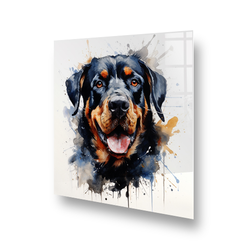 Artistic printed Rottweiler splashback with abstract watercolour in kitchen setting Side View