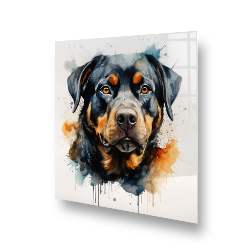 Artistic printed Rottweiler kitchen splashback featuring a Rottweiler portrait in watercolour with blue and orange accents Side View