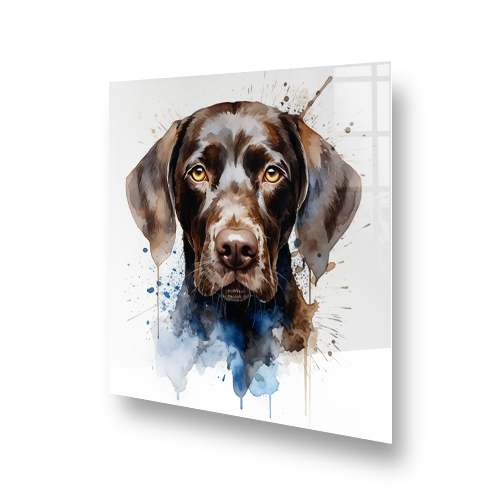 A German Short Haired Pointer splashback art in a kitchen setting with brown, beige, white, and blue colours Side View