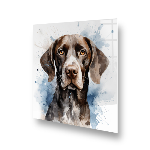 A German Short Haired Pointer printed kitchen splashback featuring shades of brown and blue Side View