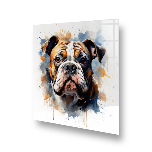 Artistic printed Bulldog kitchen splashback in orange, brown, and blue hues Side View