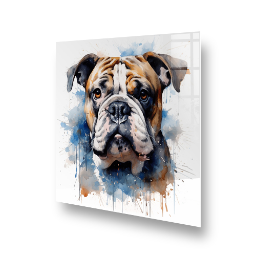 Watercolor printed Bulldog on kitchen splashback with a mix of browns, creams, blues, and oranges Side View