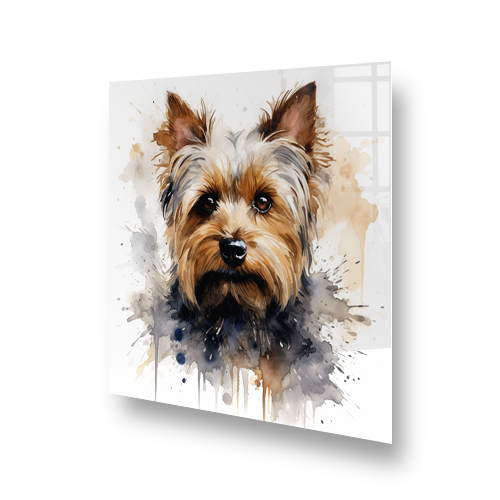 Printed Yorkshire Terrier kitchen splashback with artistic watercolour design in brown, tan, and grey tones Side View