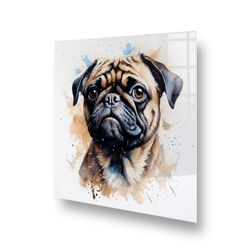Artistic printed Pug splashback in a kitchen, showcasing expressive eyes and watercolour splashes in white, brown, and blue Side View