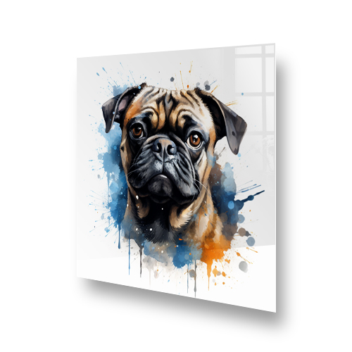 Artistic printed Pug splashback in a kitchen with blue and orange watercolour splashes Side View
