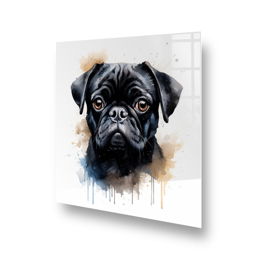 Artistic Pug printed splashback in a kitchen with a blend of sepia, black, and blue watercolour accents Side View