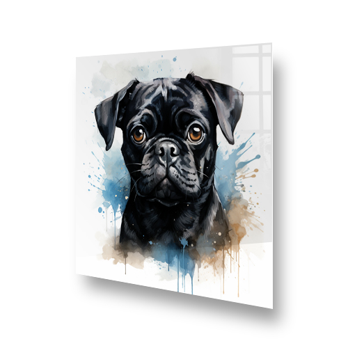 Printed Pug dog kitchen splashback with blue and brown watercolour backdrop Side View