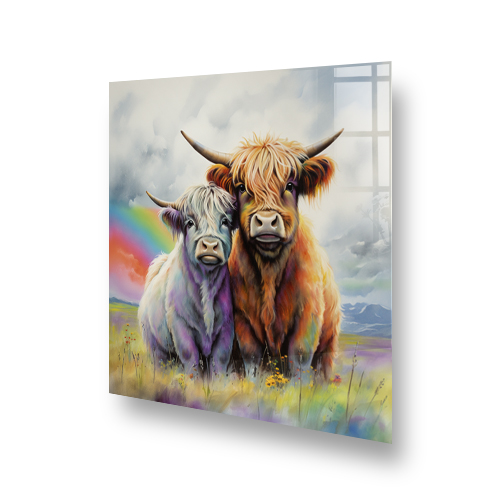 Vibrant highland cows kitchen splashback art with rainbow and scenic backdrop Side View