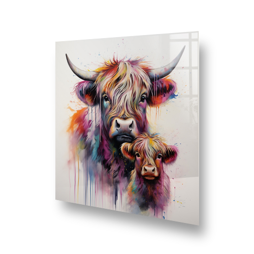 Highland cow duo against a vibrant watercolour splash kitchen splashback Side View