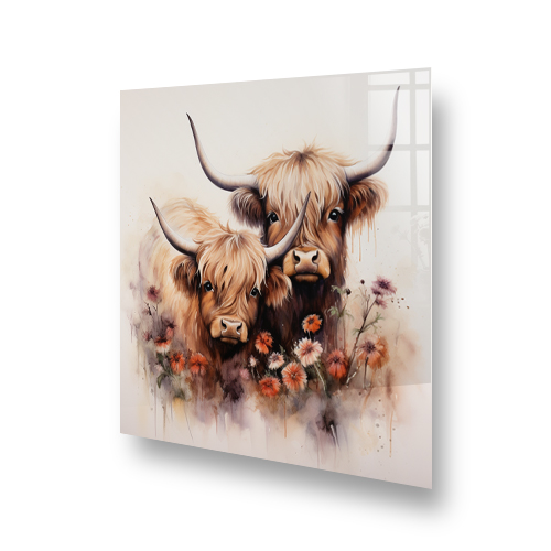 Illustration of two highland cows on a kitchen splashback with a warm, earth-toned colour palette Side View