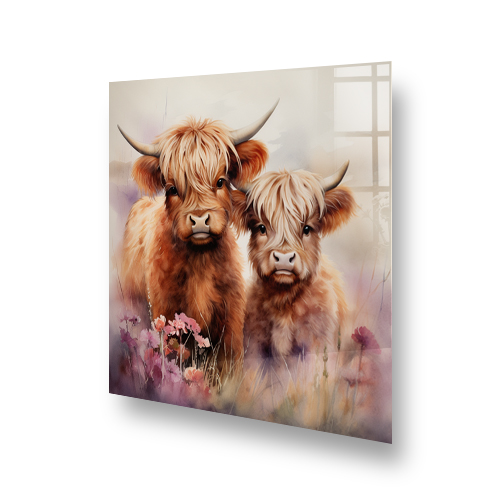 Highland cow kitchen splashback art featuring two cows with amber and brown fur against a floral backdrop Side View