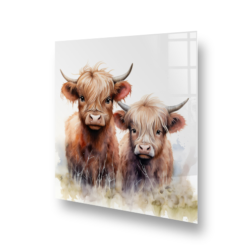 A kitchen splashback featuring two highland cows with rich brown fur against a soft, neutral-toned background. Side View