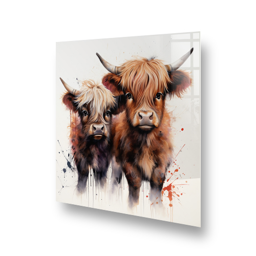 "Highland cow art on kitchen splashback with earthy colours and artistic splashes" Side View