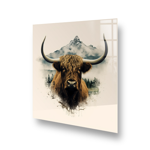 Highland cow kitchen splashback art with mountain backdrop in sepia tones Side View