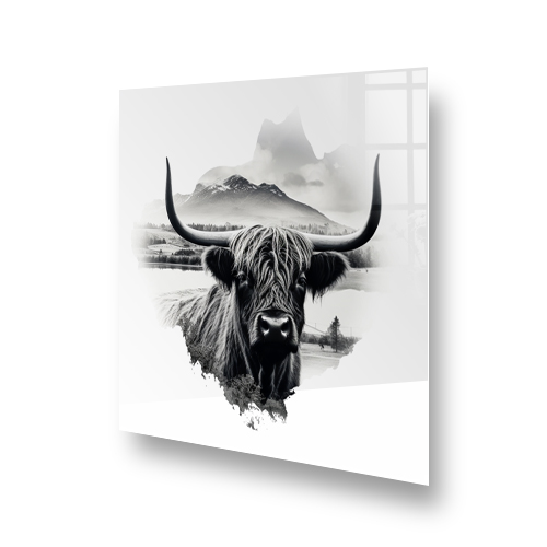 Elegant Highland cow printed kitchen splashback art in monochromatic shades with Scottish Highlands backdrop Side View