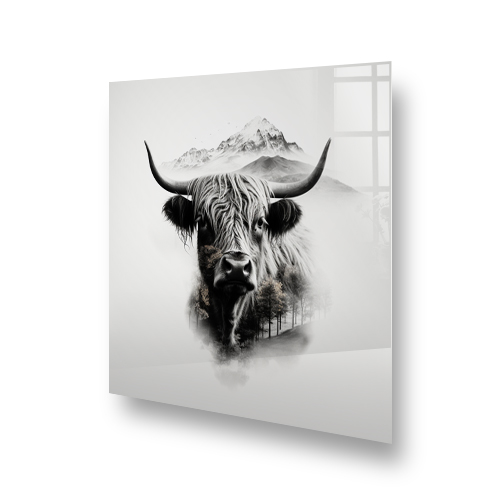 Artistic kitchen splashback with a monochromatic highland cow design overlooking misty mountains and forest Side View