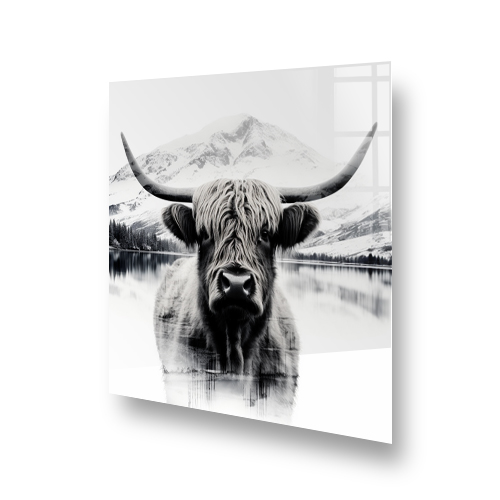 Monochrome highland cow in front of misty mountains printed on kitchen splashback Side View