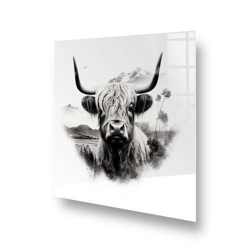 Monochromatic highland cow kitchen splashback art in black and white with mountain and flower scenery Side View