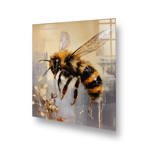 Bee-themed kitchen splashback with hand-painted design in amber, black, and cream tones on neutral background Side View
