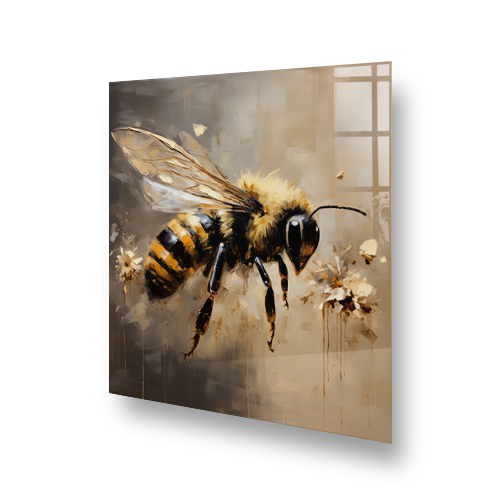 Stylish kitchen splashback with a detailed bee illustration in amber, black, and white tones Side View