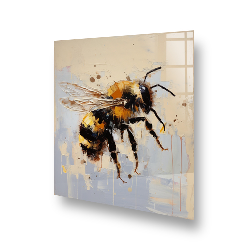 Artistic bee design kitchen splashback with vibrant amber, black, and cream colours on a neutral backdrop. Side View