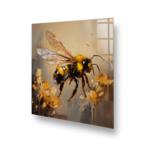Artistic kitchen splashback with a realistic bee design in ochre, cream, and charcoal colours. Side View