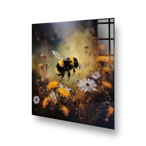Hand-painted bumble bee on floral background kitchen splashback art with soft atmospheric effects in an English countryside style. Side View
