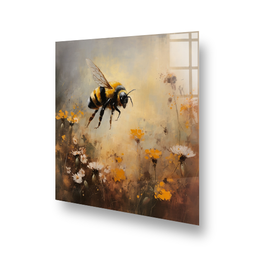 Artistic kitchen splashback featuring a detailed bumble bee among soft focus floral designs, with warm hues and a tranquil vibe. Side View