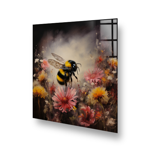 Splendid bumble bee canvas art on kitchen splashback with English countryside floral design and hand-painted details. Side View