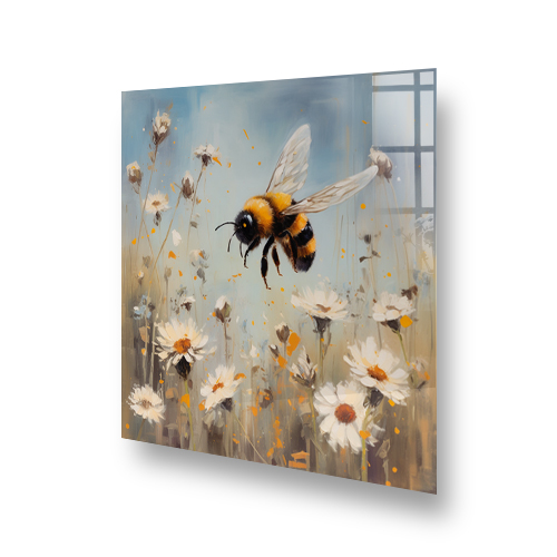 Bumble bee with soft, hand-painted details hovering above daisies with a soft-focus background in colours of amber, ivory, and grey. Side View