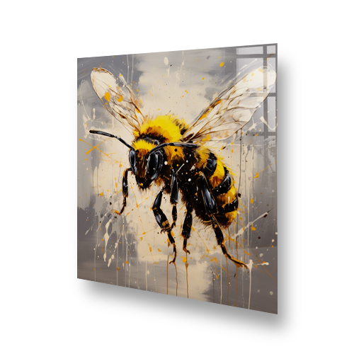 Artistic bee splashback with vibrant yellow, black, and grey brushstrokes, installed above a stove. Side View