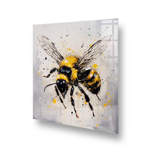 Vibrant bee splashback art with bold brushstrokes in black and yellow on a muted grey background Side View
